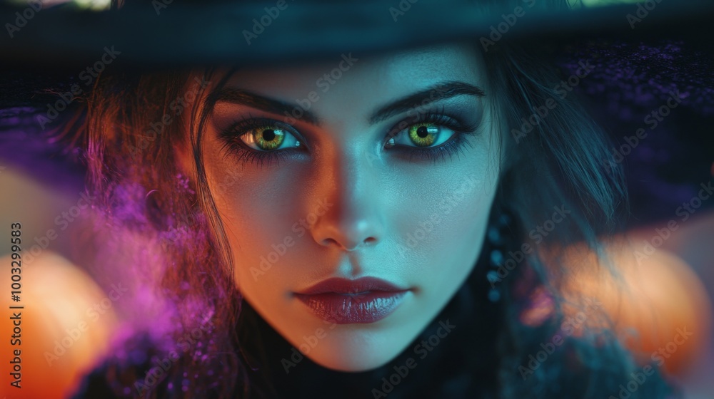 Enchanting Witch in Autumn Setting with Pumpkins and Magical Atmosphere Enchanting Witch in Autumn Setting with Pumpkins and Magical Atmosphere
