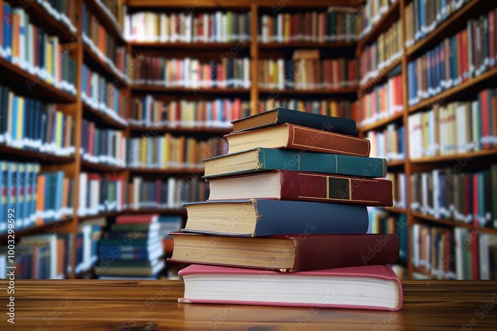 Stack of books on table with bookshelves in background. Academic, aged, ancient, antique books on bookcase, bookshelf. Close-up of classic literature, educational resources, college, university Stack of books on table with bookshelves in background. Academic, aged, ancient, antique books on bookcase, bookshelf. Close-up of classic literature, educational resources, college, university