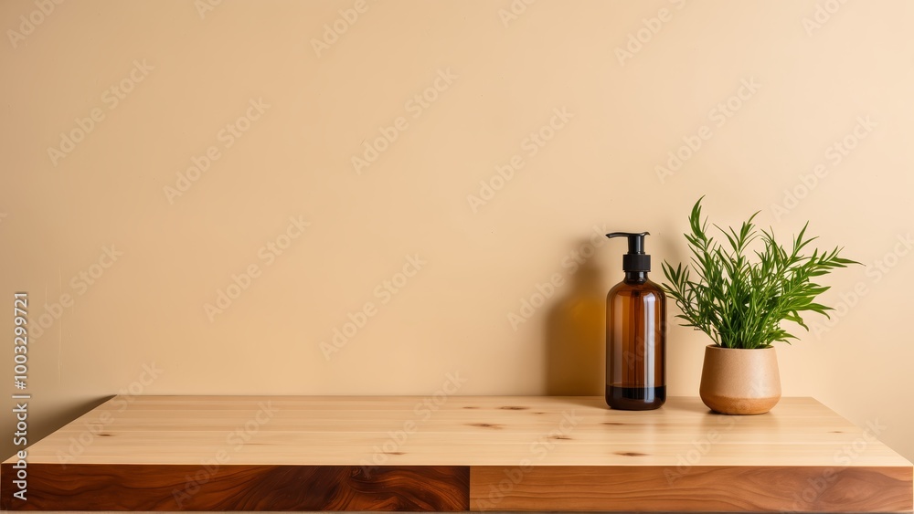 Wooden Countertop in Kitchen Against Beige Wall for Presentation Wooden Countertop in Kitchen Against Beige Wall for Presentation