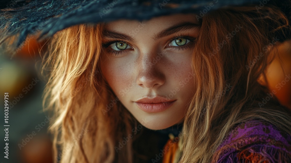 Enchanting Witch in Autumn Setting with Pumpkins and Magical Atmosphere