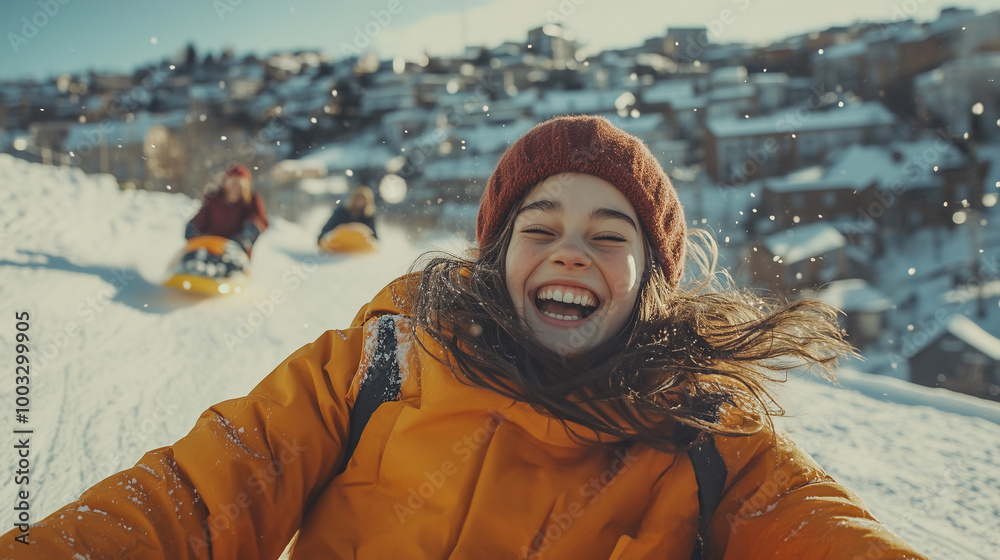 fun young girl playing in the snow on a sled during winter outdoor adventures