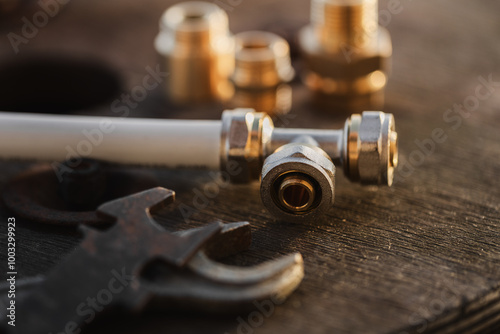 Brass plumbing fittings and PEX pipe fittings lying on an old wooden countertop, next to a tool, plumbing wrenches (selective focus)