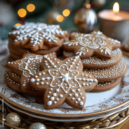 Festive Star-Shaped Gingerbread Cookies with White Icing and Sprinkles - Food Photography