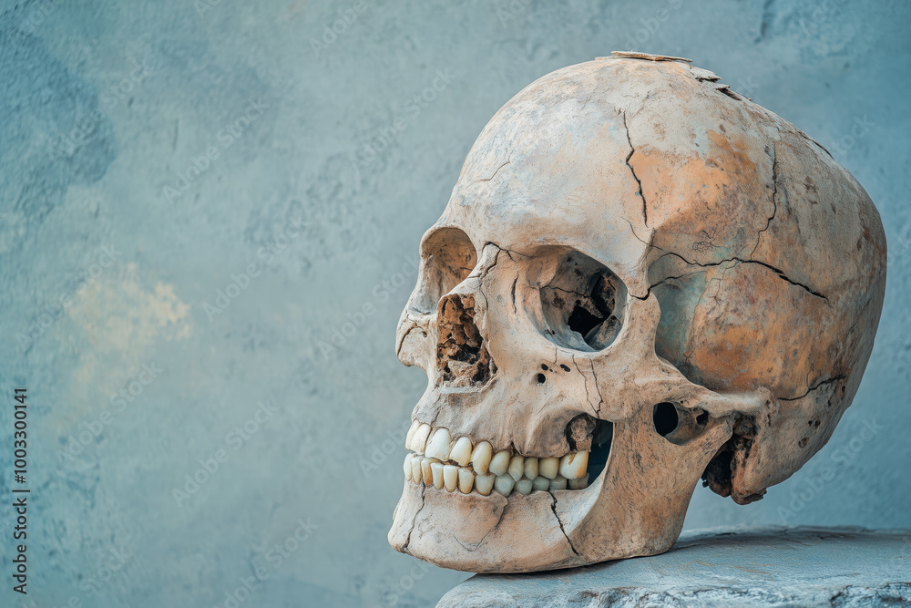 Obraz premium Close-up of an aged, cracked human skull resting against a textured blue-gray background