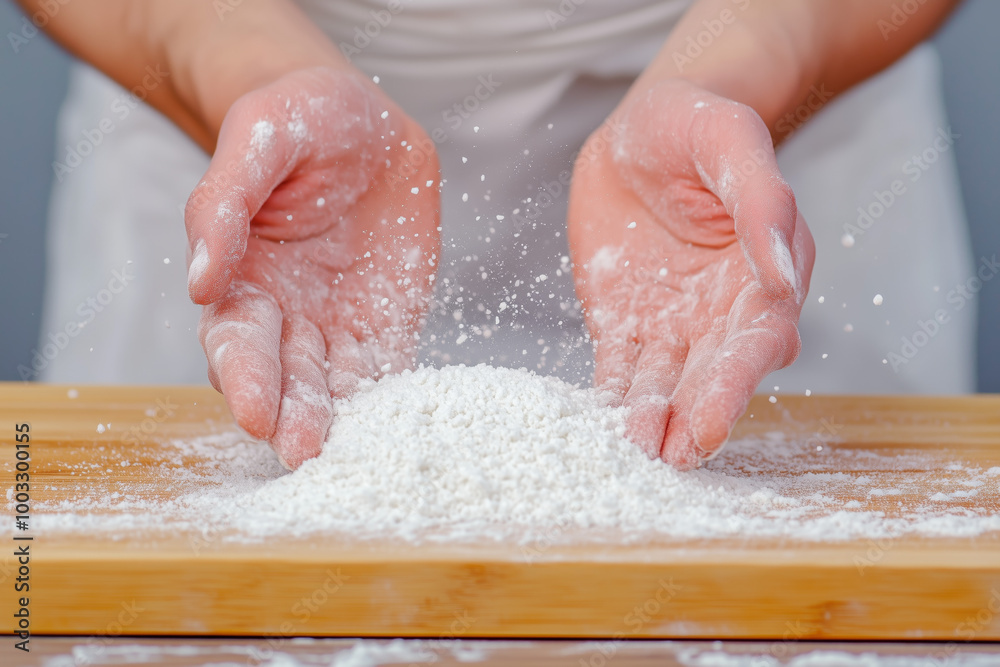 Close-up of hands sifting flour onto a wooden surface, preparing ingredients for baking or cooking in a kitchen Close-up of hands sifting flour onto a wooden surface, preparing ingredients for baking or cooking in a kitchen