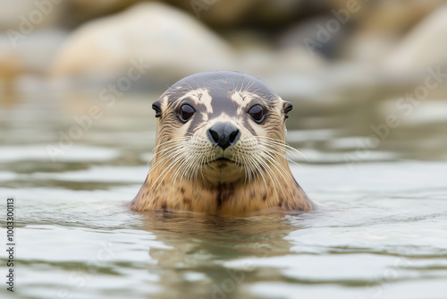 A seal with wet whiskers peeking out of the water