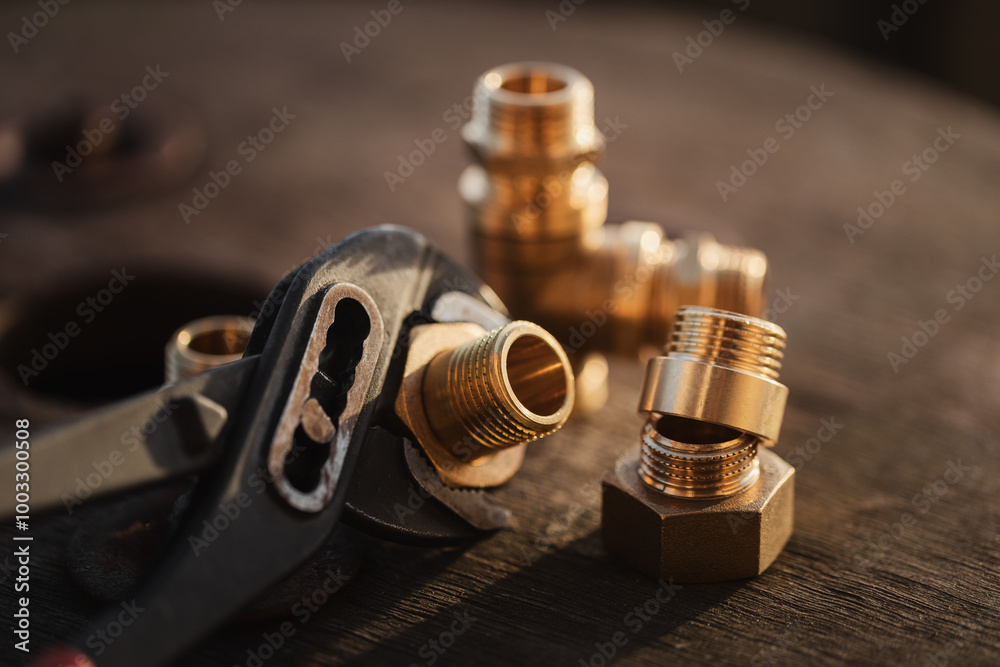 Brass plumbing fittings lying on an old wooden countertop, next to a tool, plumbing wrenches (selective focus) Brass plumbing fittings lying on an old wooden countertop, next to a tool, plumbing wrenches (selective focus)