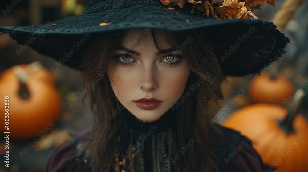 Enchanting Witch in Autumn Setting with Pumpkins and Magical Atmosphere Enchanting Witch in Autumn Setting with Pumpkins and Magical Atmosphere