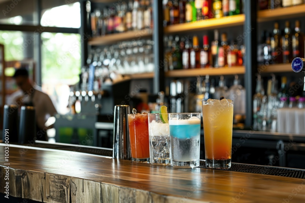 Close-up of modern cafe bar counter with various beverages. Bottles of liquor, cocktails, other drinks displayed on stylish wooden desk. Atmosphere is elegant, contemporary, perfect for relaxation. Close-up of modern cafe bar counter with various beverages. Bottles of liquor, cocktails, other drinks displayed on stylish wooden desk. Atmosphere is elegant, contemporary, perfect for relaxation.