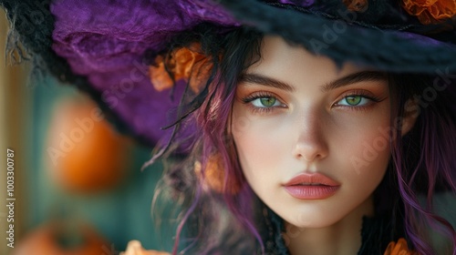 Enchanting Witch in Autumn Setting with Pumpkins and Magical Atmosphere
