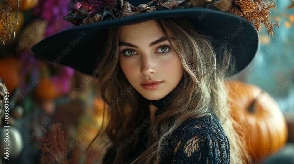 Enchanting Witch in Autumn Setting with Pumpkins and Magical Atmosphere