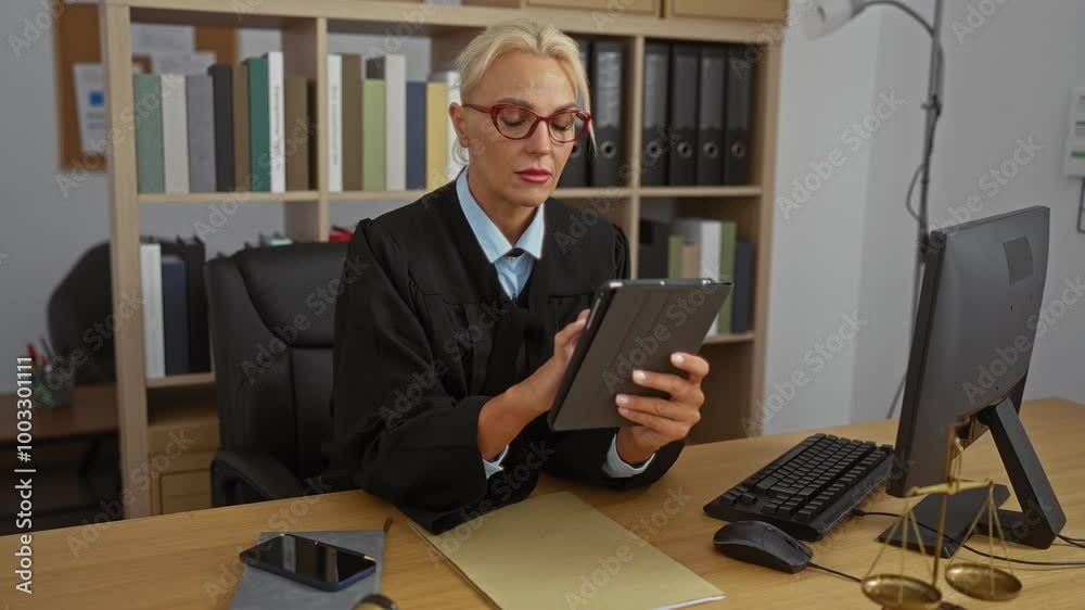 Woman judge using a digital tablet in an office setting with law books and scale of justice in the background. Woman judge using a digital tablet in an office setting with law books and scale of justice in the background.
