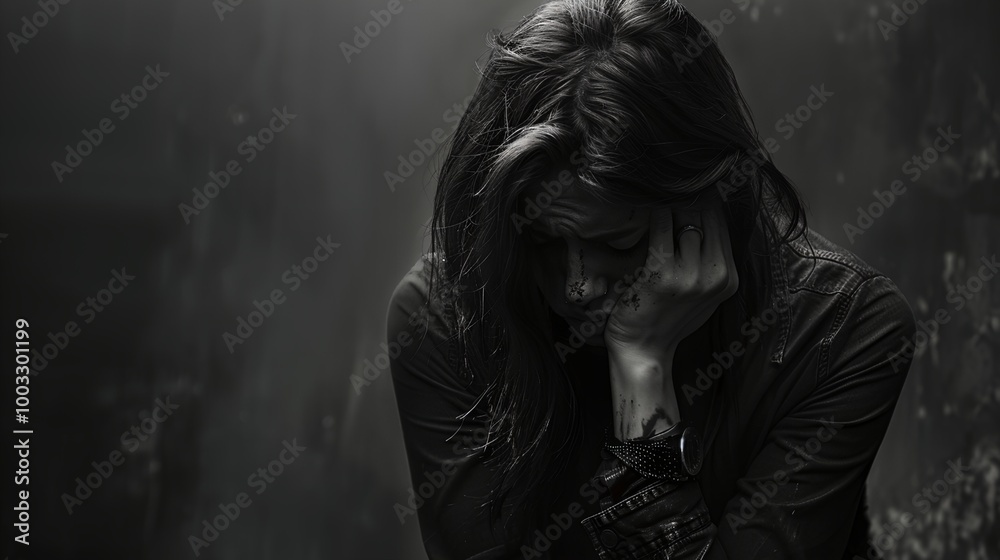 a woman holding her head in her hands in a dark room a woman holding her head in her hands in a dark room