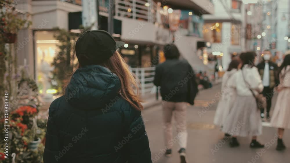 Young woman wearing a black cap and a winter jacket is turning her head while walking in a tokyo street at dusk, in the background people are shopping Young woman wearing a black cap and a winter jacket is turning her head while walking in a tokyo street at dusk, in the background people are shopping