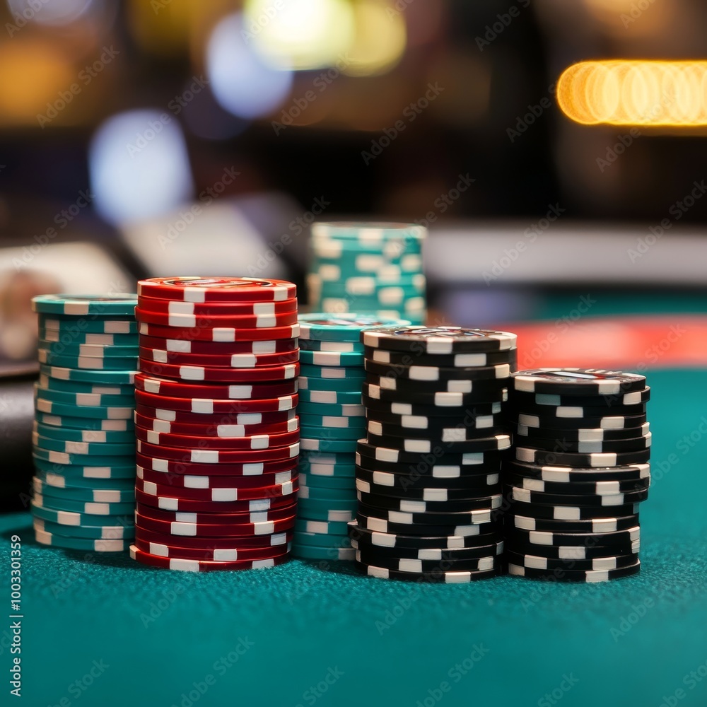 Casino theme: stack of red, black and white chips on green table Casino theme: stack of red, black and white chips on green table
