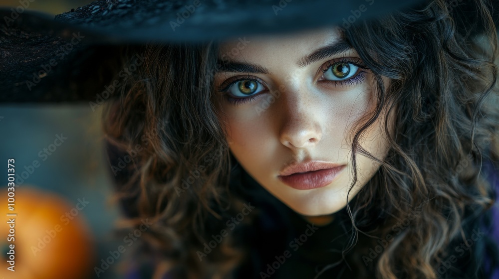 Enchanting Witch in Autumn Setting with Pumpkins and Magical Atmosphere Enchanting Witch in Autumn Setting with Pumpkins and Magical Atmosphere