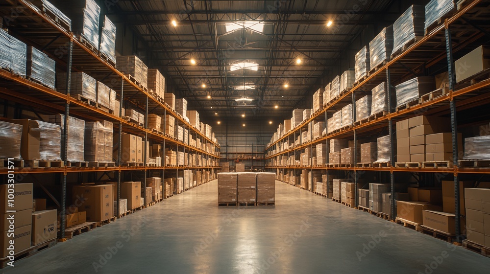 Fototapeta premium A large warehouse with many boxes on the shelves