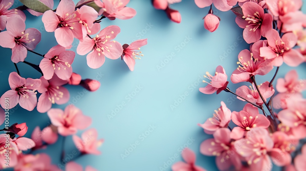 A blue background with pink flowers. Concept of warmth and love A blue background with pink flowers. Concept of warmth and love
