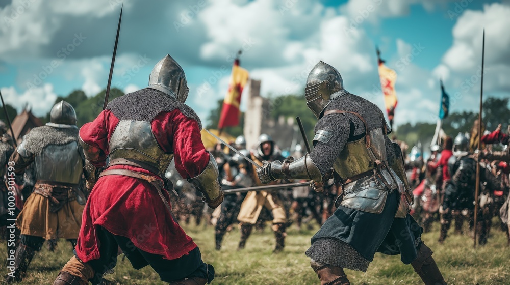 Knights clashing swords in medieval battle, castle backdrop, historical moment. Ai generated Knights clashing swords in medieval battle, castle backdrop, historical moment. Ai generated