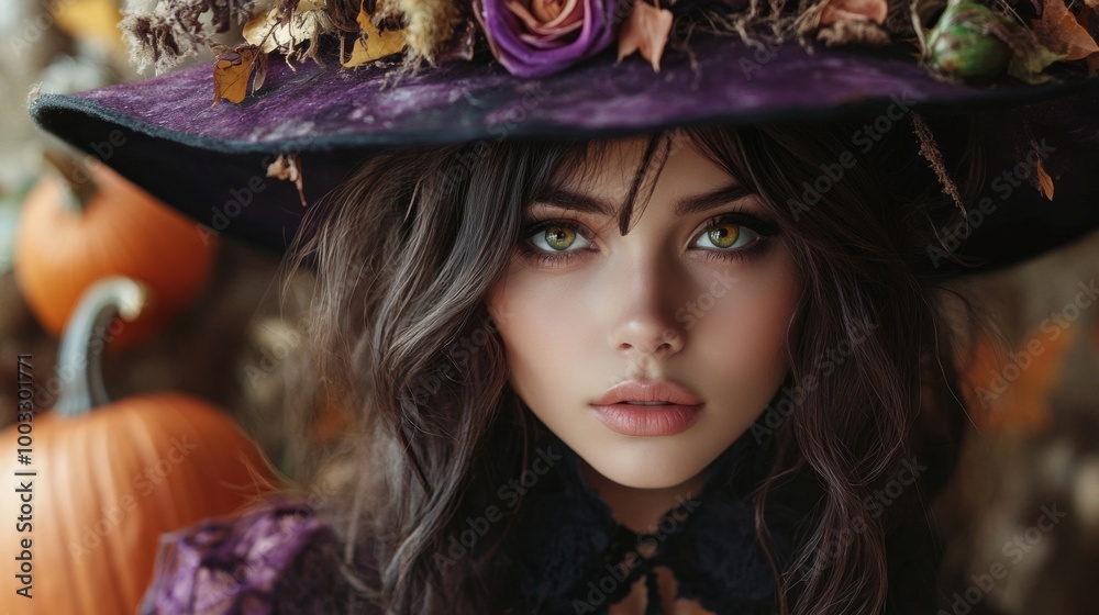 Enchanting Witch in Autumn Setting with Pumpkins and Magical Atmosphere