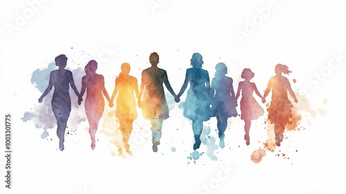 Watercolor Postcard of Diverse Group of People Holding Hands, Symbolizing Unity and Gender Equality, Soft Muted Colors and Flowing Lines