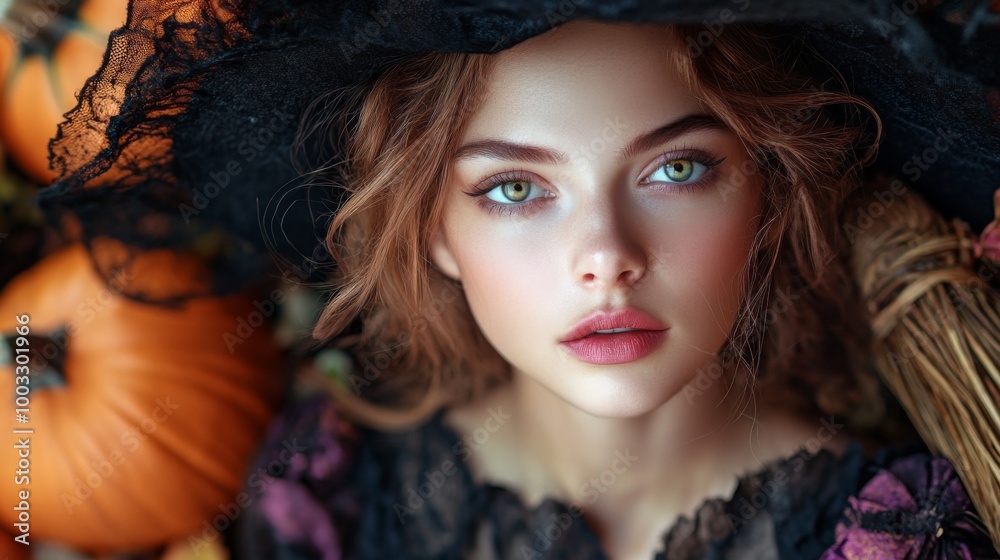 Enchanting Witch in Autumn Setting with Pumpkins and Magical Atmosphere Enchanting Witch in Autumn Setting with Pumpkins and Magical Atmosphere