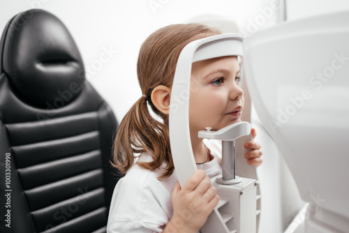 In a modern ophthalmology clinic, an ophthalmologist checks a little girl's vision using a binocular slit lamp. Advertisement for pediatric ophthalmology photo