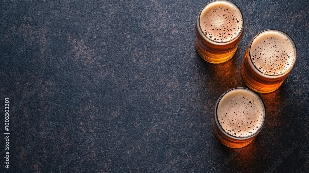 Three glasses of beer on dark textured surface Three glasses of beer on dark textured surface