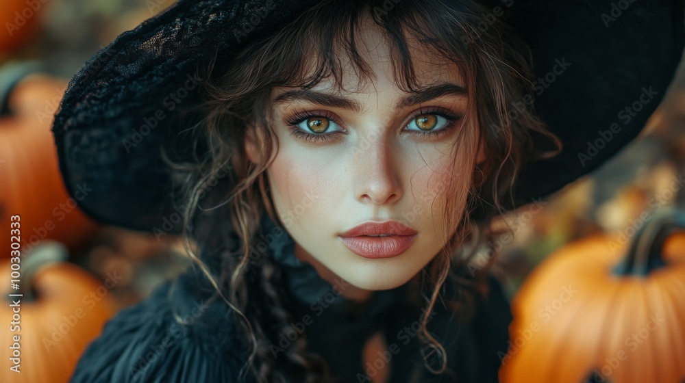 Enchanting Witch in Autumn Setting with Pumpkins and Magical Atmosphere Enchanting Witch in Autumn Setting with Pumpkins and Magical Atmosphere