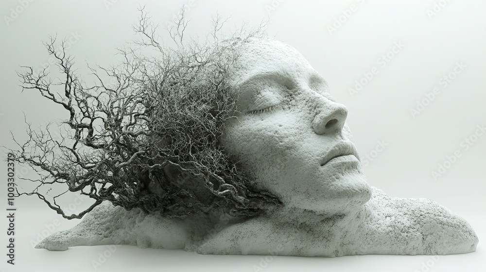 Surreal Sculpture: Human Head and Tree Branches Surreal Sculpture: Human Head and Tree Branches