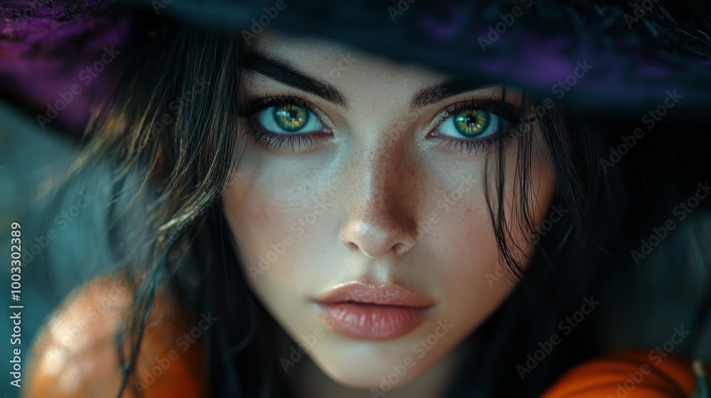 Enchanting Witch in Autumn Setting with Pumpkins and Magical Atmosphere Enchanting Witch in Autumn Setting with Pumpkins and Magical Atmosphere