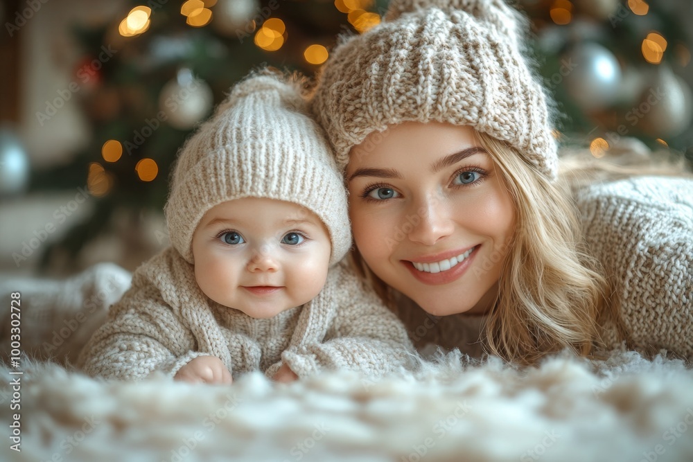 Beautiful young mother and her adorable little daughter in knitted hats are sitting on the floor near the Christmas tree. Beautiful young mother and her adorable little daughter in knitted hats are sitting on the floor near the Christmas tree.