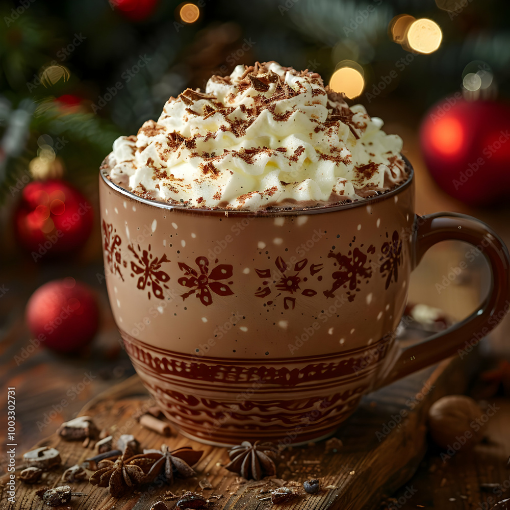 Whipped Cream Hot Chocolate with Chocolate Shavings -  A Festive Winter Drink Illustration