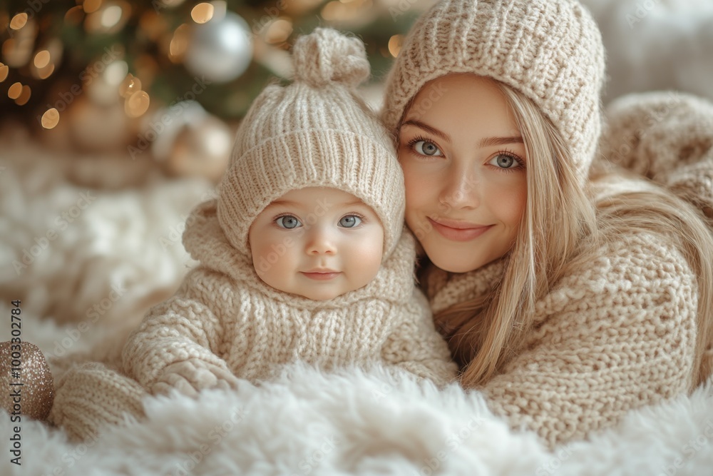 Beautiful young mother and her adorable little daughter in knitted hats are sitting on the floor near the Christmas tree. Beautiful young mother and her adorable little daughter in knitted hats are sitting on the floor near the Christmas tree.