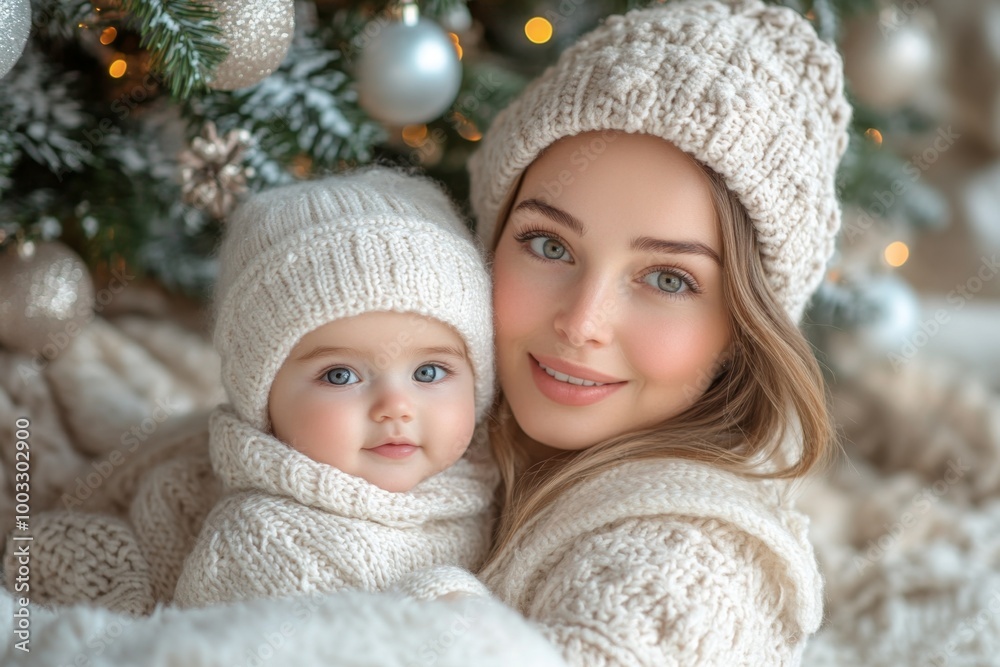 Beautiful young mother and her adorable little daughter in knitted hats are sitting on the floor near the Christmas tree. Beautiful young mother and her adorable little daughter in knitted hats are sitting on the floor near the Christmas tree.
