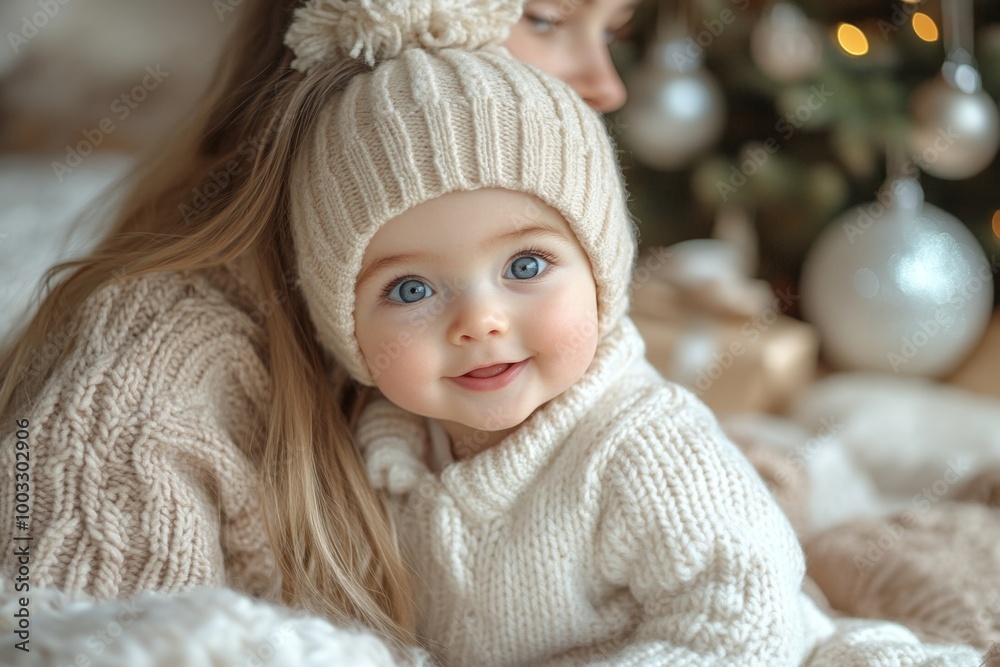 Beautiful young mother and her adorable little daughter in knitted hats are sitting on the floor near the Christmas tree. Beautiful young mother and her adorable little daughter in knitted hats are sitting on the floor near the Christmas tree.