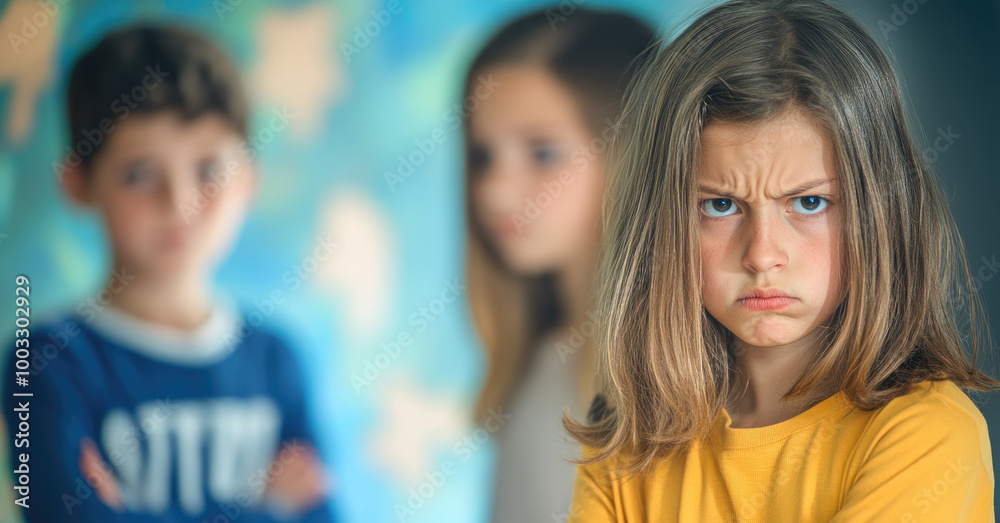 Caucasian girl with long hair looking angry, two blurry children in background Caucasian girl with long hair looking angry, two blurry children in background