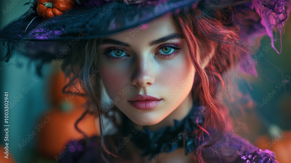 Enchanting Witch in Autumn Setting with Pumpkins and Magical Atmosphere