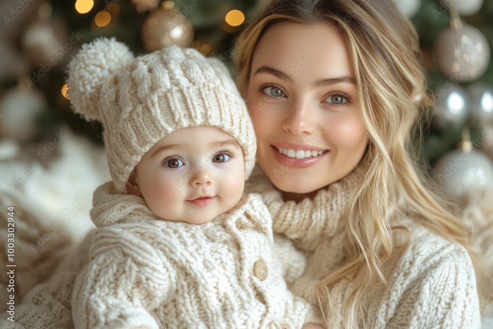 Beautiful young mother and her adorable little daughter in knitted hats are sitting on the floor near the Christmas tree. Beautiful young mother and her adorable little daughter in knitted hats are sitting on the floor near the Christmas tree.