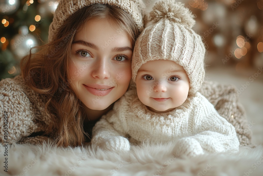 Beautiful young mother and her adorable little daughter in knitted hats are sitting on the floor near the Christmas tree. Beautiful young mother and her adorable little daughter in knitted hats are sitting on the floor near the Christmas tree.