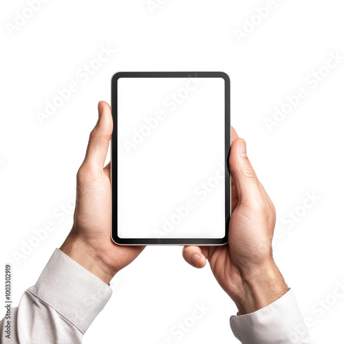 Hands Holding Tablet with White Screen