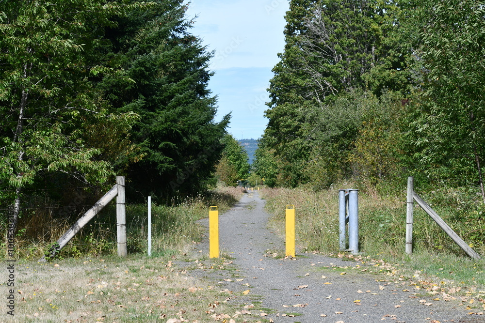 Naklejka premium Yellow bollards blocking pathway to horse trail.