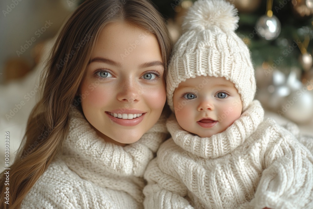 Beautiful young mother and her adorable little daughter in knitted hats are sitting on the floor near the Christmas tree. Beautiful young mother and her adorable little daughter in knitted hats are sitting on the floor near the Christmas tree.