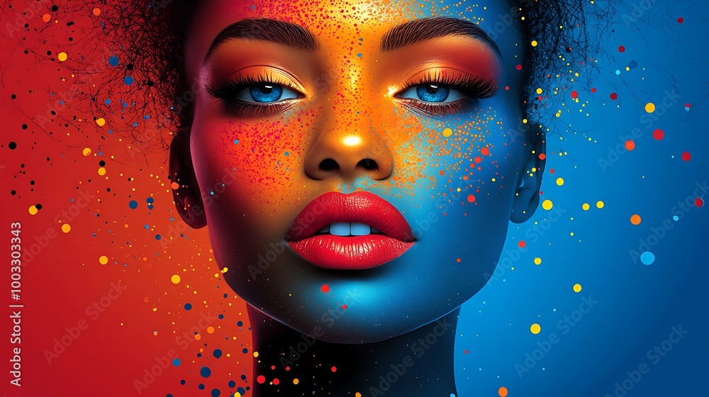Closeup portrait of a young woman with vibrant blue eyes, red lips and colorful paint splatters on her face Closeup portrait of a young woman with vibrant blue eyes, red lips and colorful paint splatters on her face