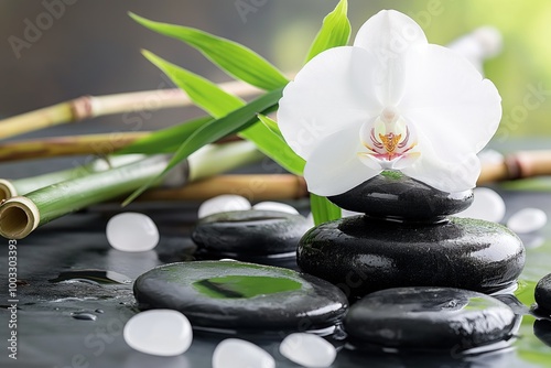 Bamboo branches surround a white orchid on a natural stone table. Aromatherapy candles burn in the background, creating a calming atmosphere. The tranquil scene promotes relaxation and harmony.