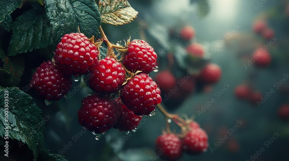 Close Up of Ripe Raspberries on a Branch Close Up of Ripe Raspberries on a Branch