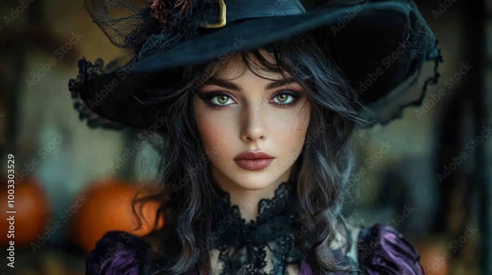 Enchanting Witch in Autumn Setting with Pumpkins and Magical Atmosphere