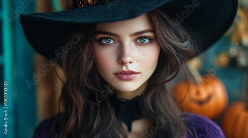 Enchanting Witch in Autumn Setting with Pumpkins and Magical Atmosphere