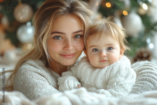 Beautiful young mother and her adorable little daughter in warm knitted hats and scarves on the background of the Christmas tree