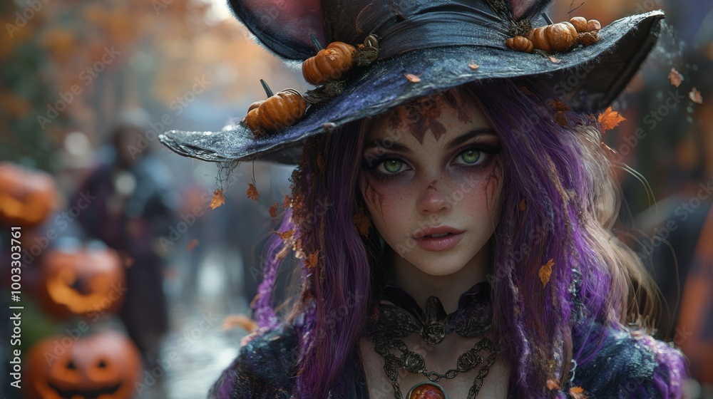 Enchanting Witch in Autumn Setting with Pumpkins and Magical Atmosphere Enchanting Witch in Autumn Setting with Pumpkins and Magical Atmosphere